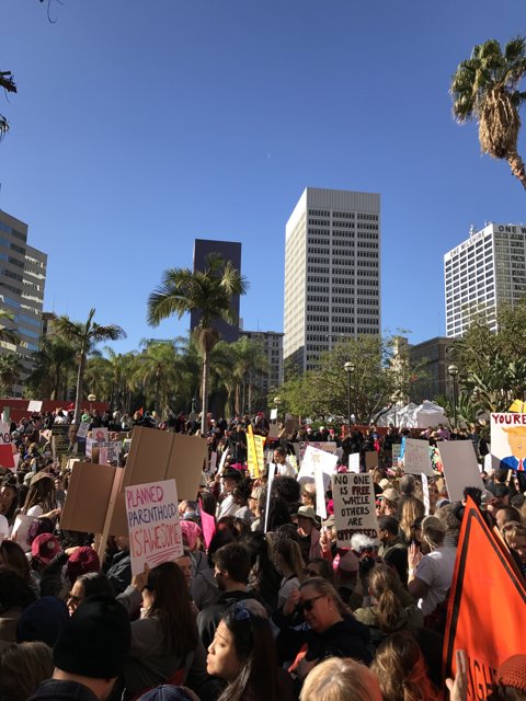 Protesters in front of Los Angeles skyscraper