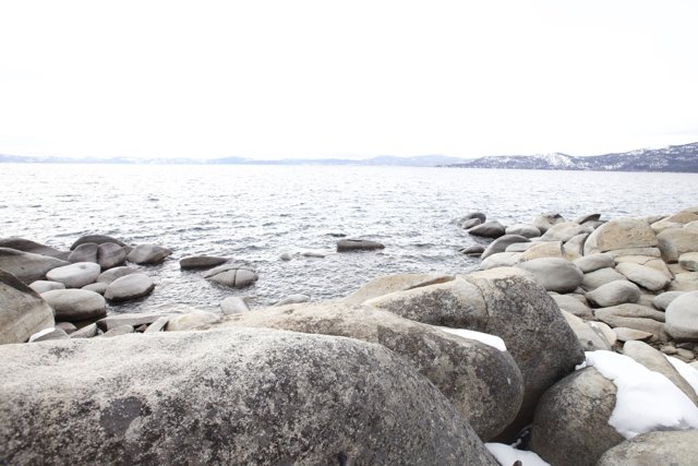 Snowy Rocks on the Shore of Lake Tahoe