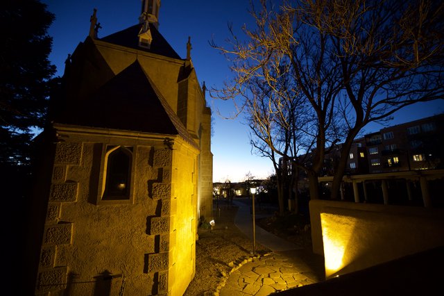 Historic Stone Chapel Illuminated at Blue Hour in Santa Fe