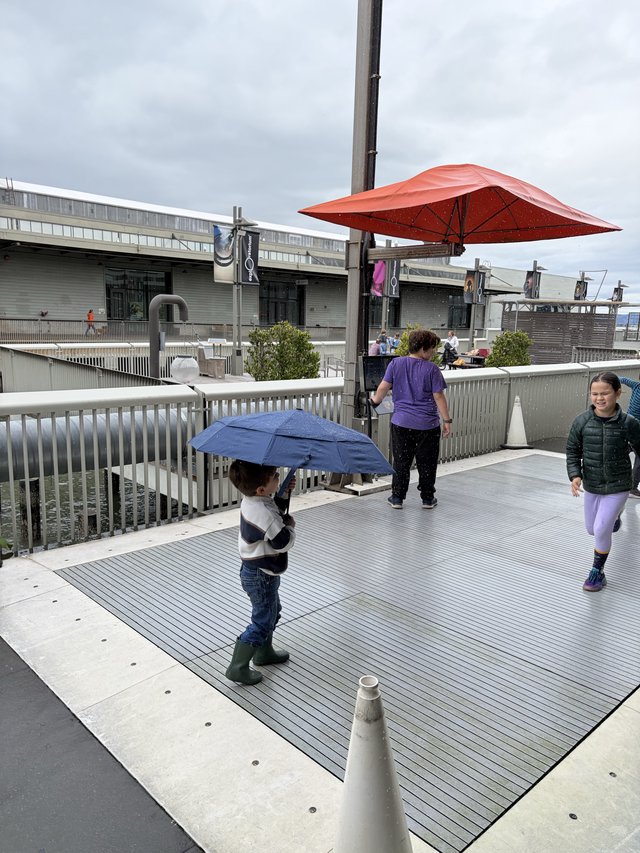 Children Playing on Rainy Day Rooftop Plaza