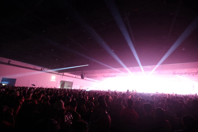 Massive Indoor Rave Crowd Bathed in Pink Light