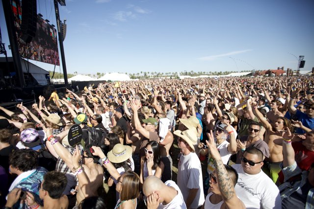 High on Music Caption: The crowd at Coachella Sunday 2010 with their hands up and spirits soaring as Kotozakura Masakatsu hypes up the concert-goers.