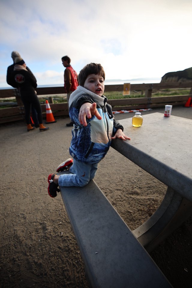 Young Child Balancing on Curved Bench at Coastal Overlook