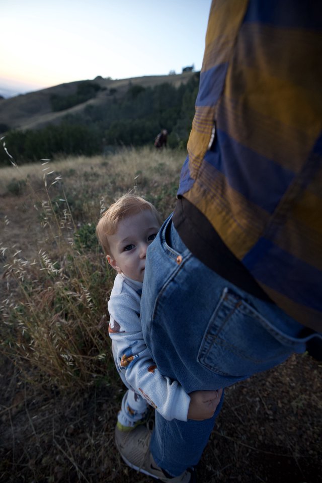 Toddler Clings to Parent's Leg at Dusk