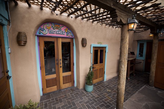 The Shed Restaurant Entrance in Santa Fe Adobe Courtyard