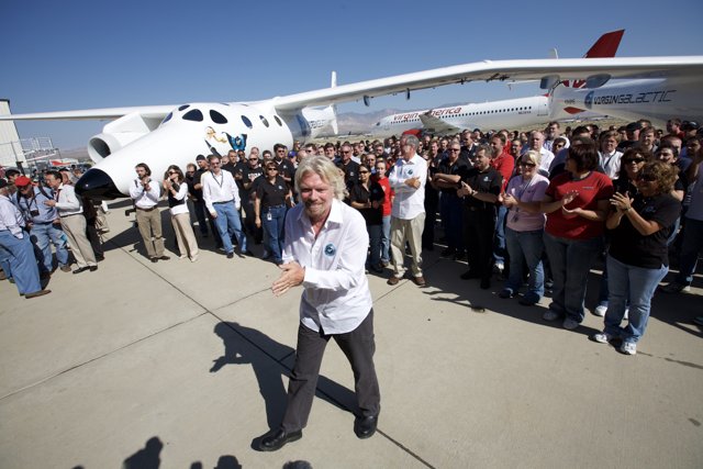Richard Branson Addresses a Crowd at the Airport