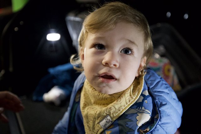 Curious Toddler in Blue Jacket Looking Up