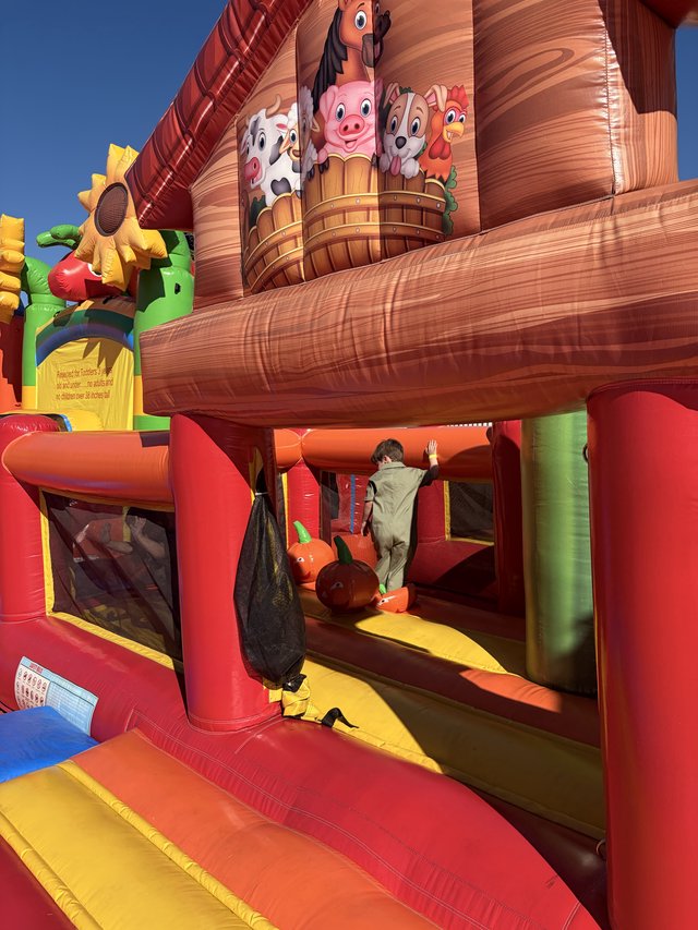 Child Playing in Farm-Themed Inflatable Bouncy Castle