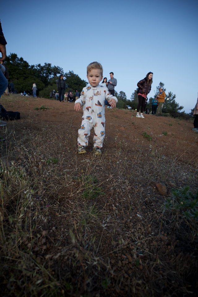 Toddler Explores Mt. Diablo at Dusk in Campsite Onesie
