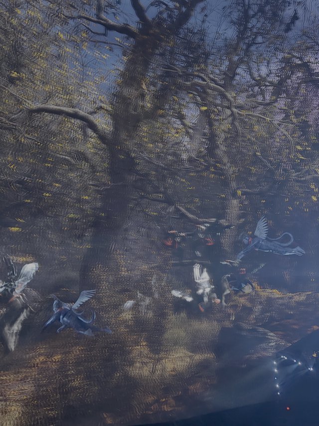 Mystical Forest Scene with Flying Birds