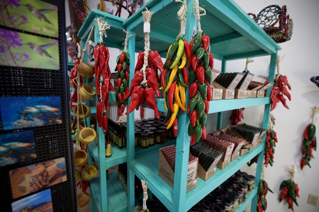 Colorful Chili Pepper Display in Turquoise Gift Shop