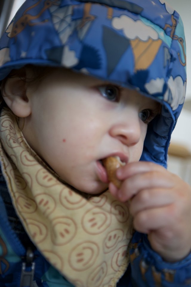 Young Child in Blue Patterned Hat Enjoying a Snack