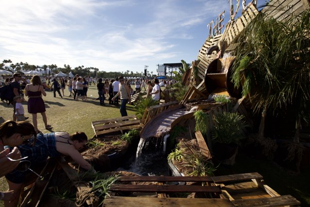 The Majestic Wooden Arbour with Waterfall and Crowds at Coachella 2009