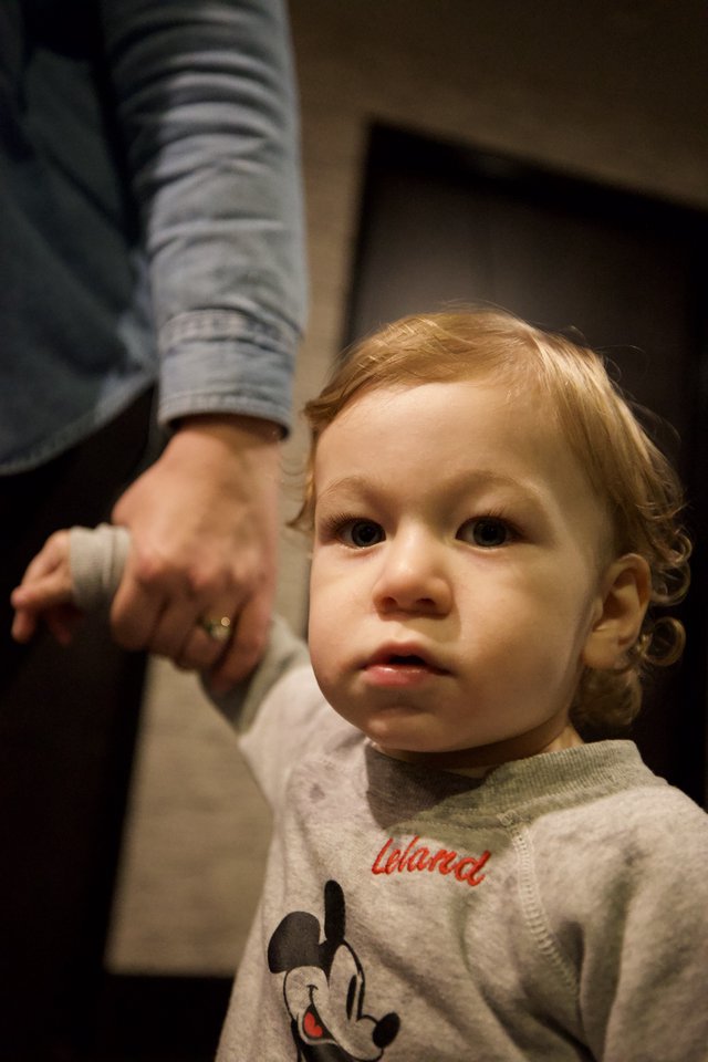 Toddler Holding Parent's Hand in Warm Indoor Setting