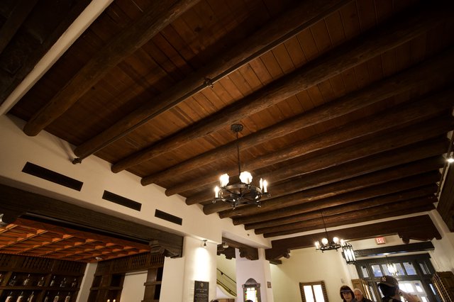 Spanish Colonial Beamed Ceiling with Wrought Iron Chandeliers