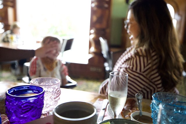 Intimate Dining Moment with Colorful Glassware