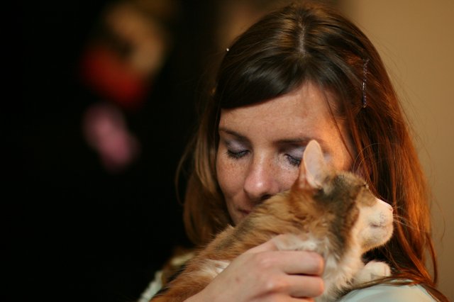 Tender Moment: Woman Nuzzles Beloved Ginger Kitten