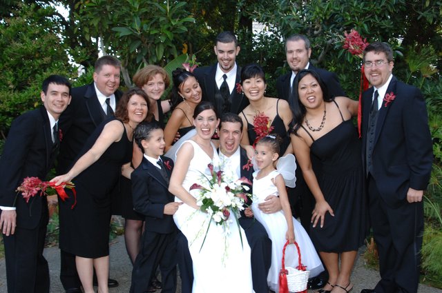 Joyful Wedding Party Celebration in Garden Setting