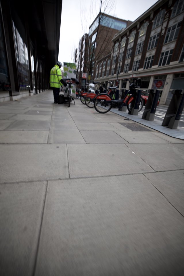 Urban Street Scene with Bike Share Station in London