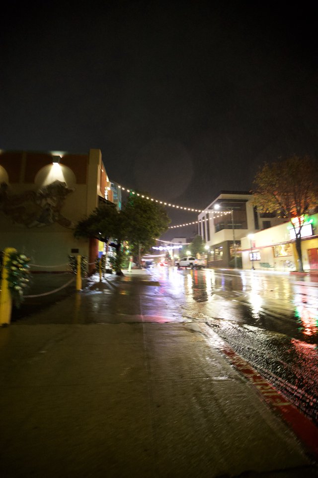 Rainy Night at an Outdoor Shopping Center