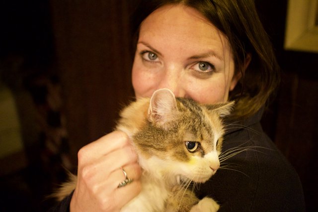 Woman and Her Fluffy Tabby Cat Share a Moment