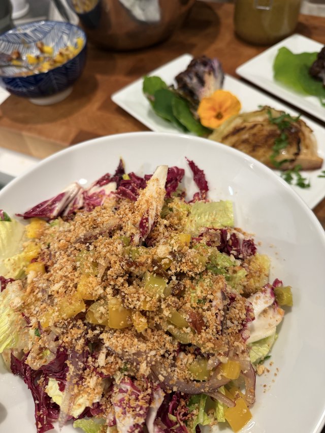 Colorful Asian Salad with Crispy Topping at Restaurant