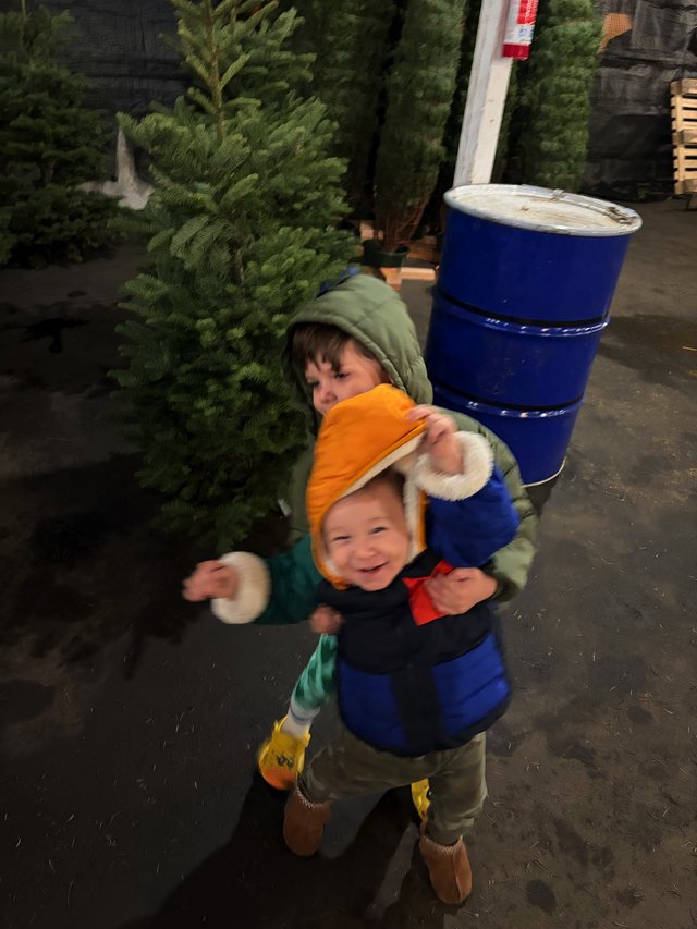 Brothers Embrace at Christmas Tree Farm