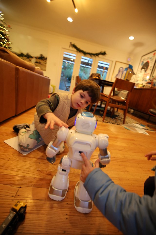 Child Playing with White Robotic Toy Dog at Home