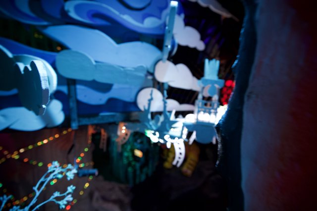 Whimsical Dark Ride Adventure with Cartoon Characters
