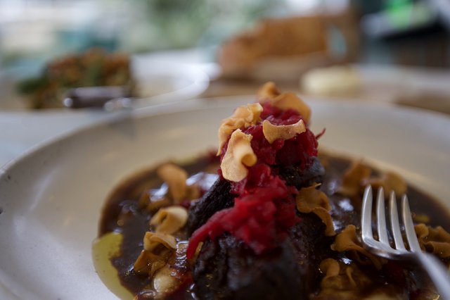 Gourmet Dark Meat Dish with Cranberry and Cashew Garnish