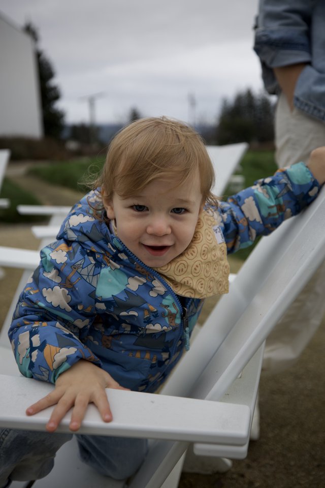 Joyful Toddler Playing on White Fence at Playground