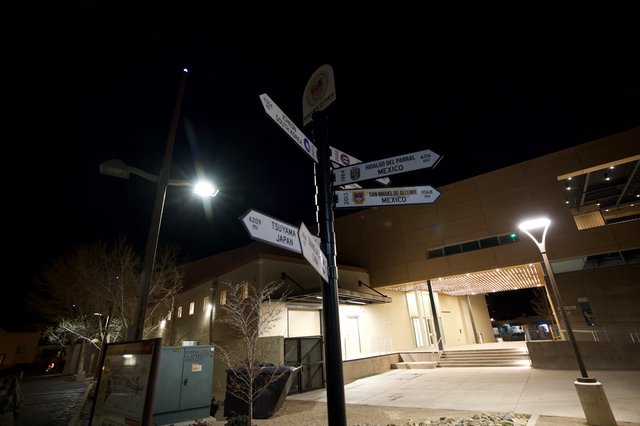Sister Cities Directional Signs at Night in Santa Fe