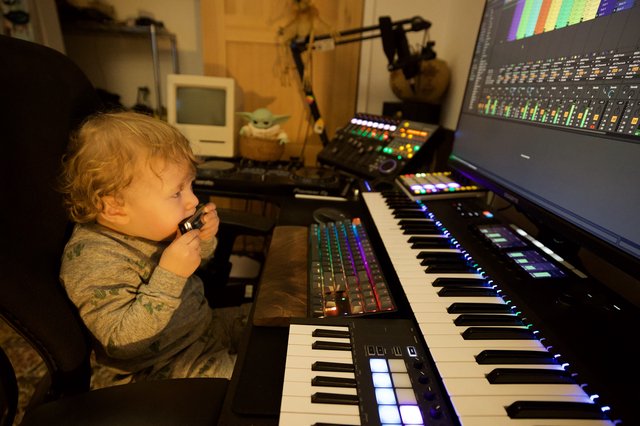 Toddler at Professional Home Music Production Studio
