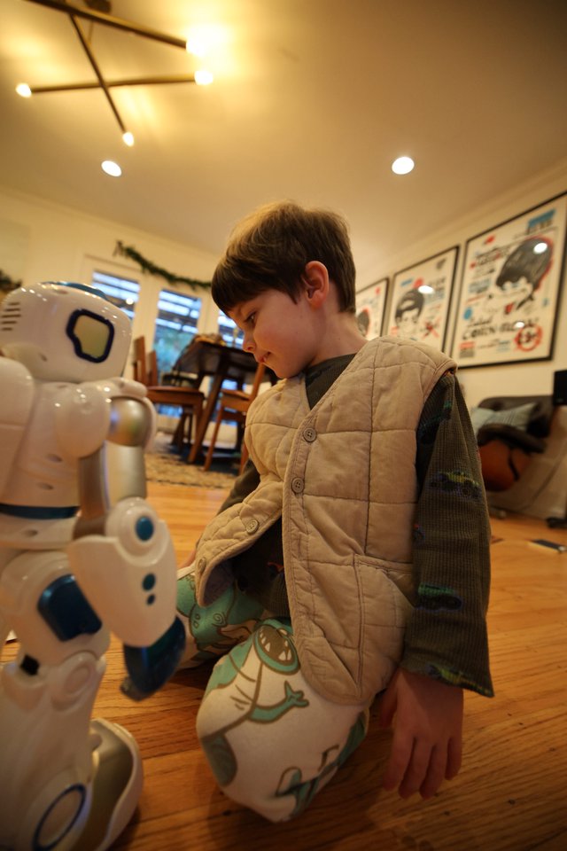 Young Child Interacting with Educational Robot at Home