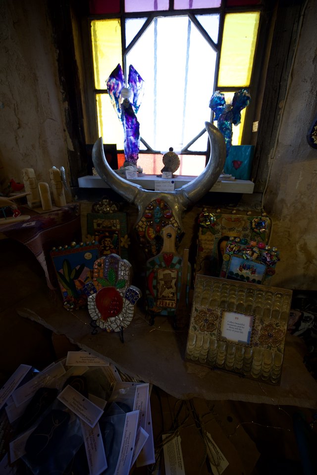 Sacred Altar with Stained Glass and Folk Art Offerings