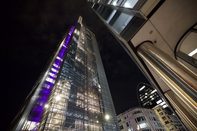 The Shard Illuminated in Purple at Night, London