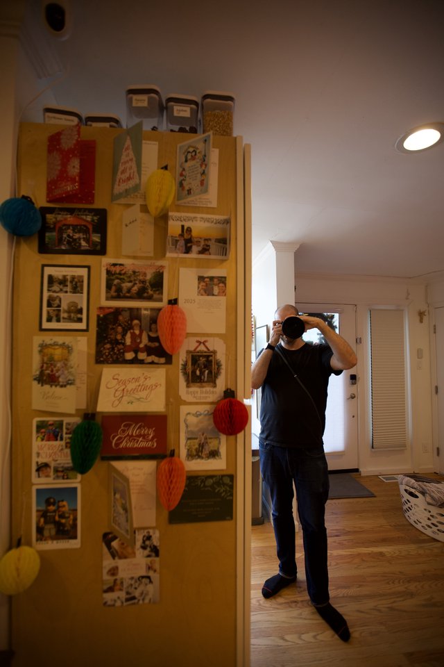 Self-Portrait with Holiday Memory Board at Home