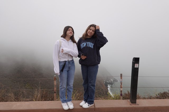 Two Friends in Foggy Scenic Overlook