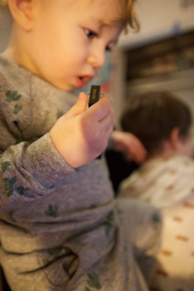 Young Child Concentrating on Harmonica Playing at Home