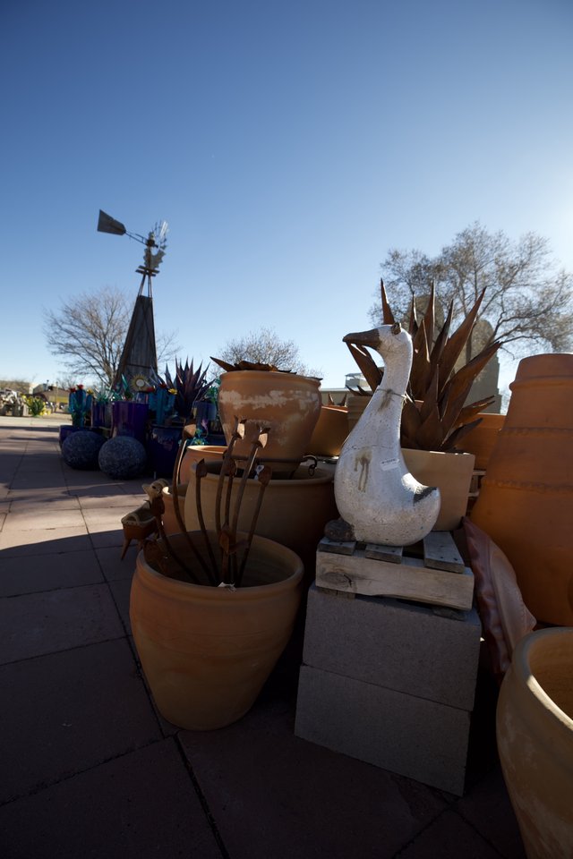 Southwestern Pottery and Sculpture Display in Open Air Market