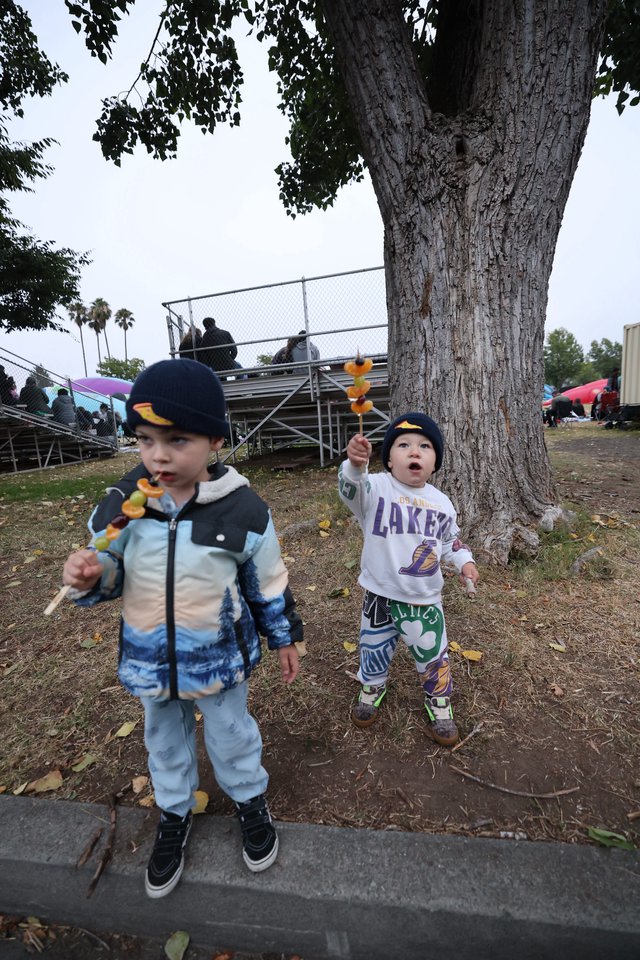 Two Young Boys Enjoy Fruit Skewers at Balloon Festival