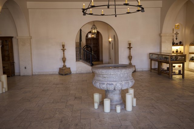 Spanish Colonial Church Interior with Baptismal Font
