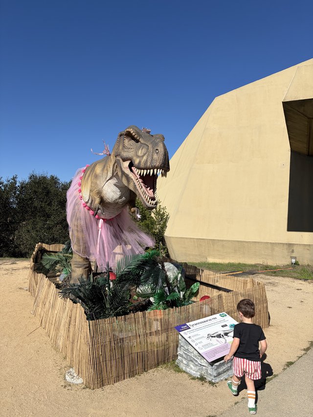 Child Encounters Life-Size T-Rex in Pink Tutu