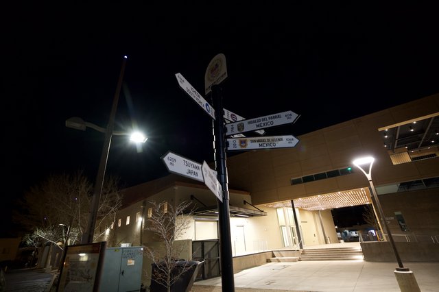 Sister Cities Directional Signpost at Night in Santa Fe