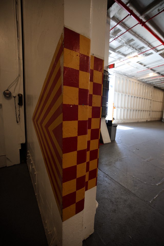 Checkered Safety Pillar in USS Hornet Hangar Bay