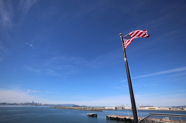 American Flag Flying Over San Francisco Bay