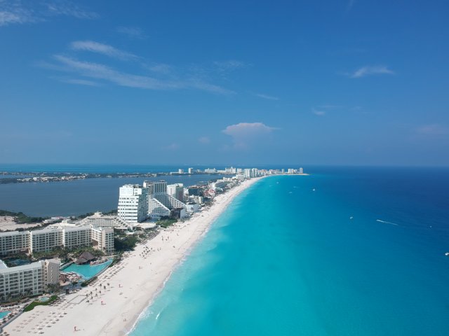 Aerial View of Cancun Beach and Cityscape