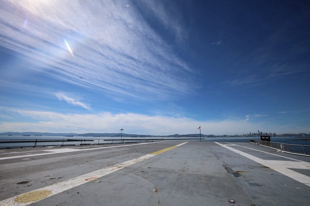 Wide Aircraft Carrier Flight Deck with Distant Skyline