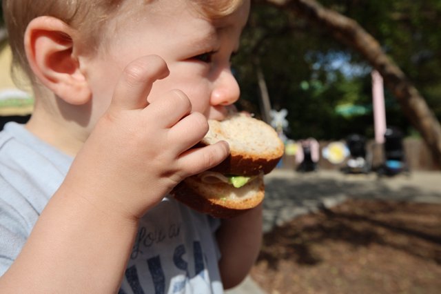 Young Child Enjoying a Burger Outdoors