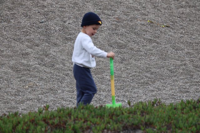 Young Boy Playing with Shovel on Sandy Beach